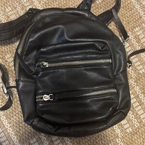 Black Leather Backpack with Silver Zippers